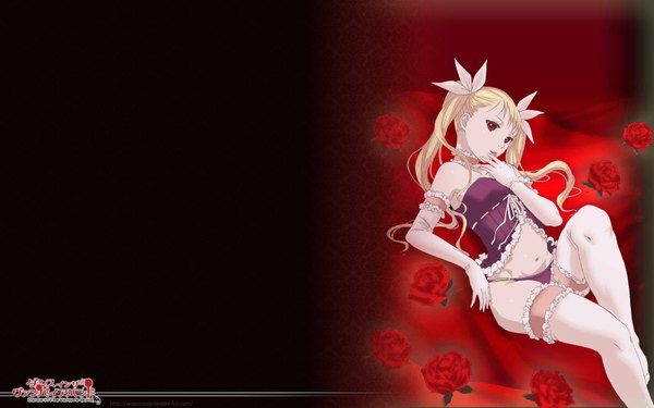 Anime picture 1920x1200 with dance in the vampire bund shaft (studio) mina tepes highres light erotic blonde hair red eyes wide image twintails vampire thighhighs underwear panties white thighhighs