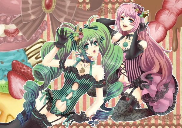 Anime picture 3035x2149 with vocaloid hatsune miku megurine luka ruitan (rrruitan) (artist) long hair highres open mouth light erotic smile twintails bare shoulders multiple girls green eyes pink hair absurdres cleavage green hair girl thighhighs gloves