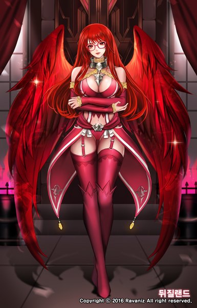 Anime picture 1788x2784 with mabinogi ravaniz single long hair tall image looking at viewer highres breasts light erotic red eyes red hair girl thighhighs underwear panties detached sleeves wings glasses boots thigh boots
