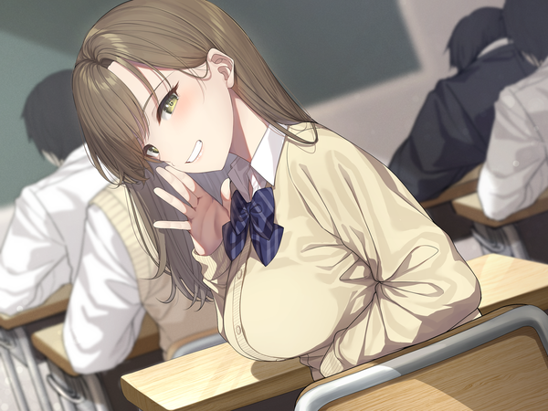 Anime picture 3000x2250 with original go-1 long hair looking at viewer blush fringe highres breasts smile brown hair sitting green eyes upper body indoors long sleeves looking back dutch angle grin solo focus girl