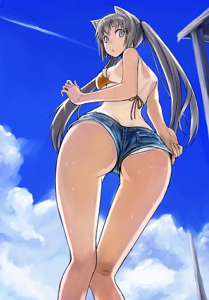 Anime picture 700x1003 with original tea (nakenashi) single long hair tall image looking at viewer breasts blue eyes light erotic brown hair twintails animal ears sky cat ears :o from below wet legs tan lines adjusting clothes