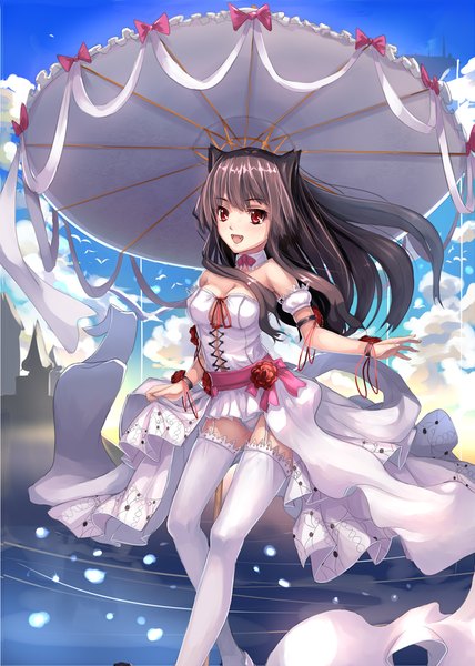 Anime picture 800x1120 with original musynexsk single long hair tall image looking at viewer open mouth red eyes brown hair girl thighhighs dress white thighhighs umbrella