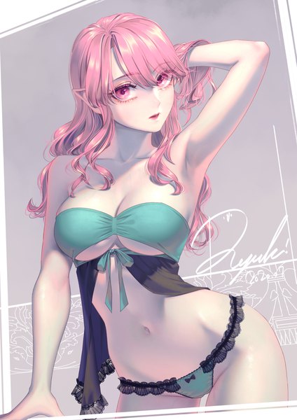 Anime picture 1358x1920 with original ryuki@maguro-ex single long hair tall image looking at viewer fringe breasts open mouth light erotic simple background hair between eyes large breasts standing signed pink hair cleavage head tilt pink eyes pointy ears