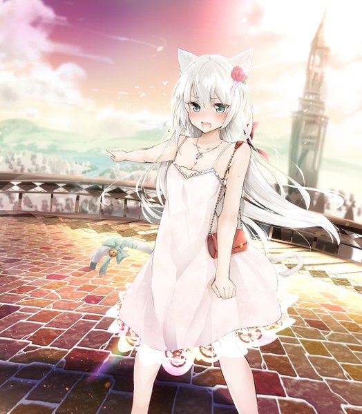 Anime picture 4238x4850 with azur lane hammann (azur lane) 39kudamono single long hair tall image looking at viewer blush fringe highres breasts open mouth hair between eyes standing bare shoulders green eyes animal ears absurdres sky cloud (clouds)