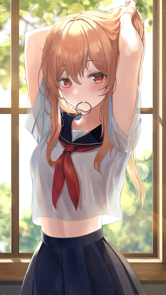Anime picture 2664x4713 with original kimae single long hair tall image blush fringe highres blonde hair hair between eyes red eyes standing holding looking away indoors pleated skirt arms up short sleeves midriff mouth hold