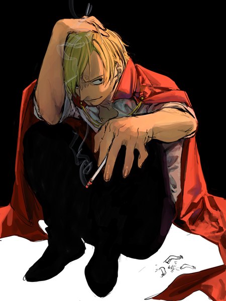 Anime picture 2048x2732 with one piece toei animation sanji 4myaku1 single tall image highres short hair blonde hair sitting looking away full body black eyes smoke hand on head boy cape cigarette