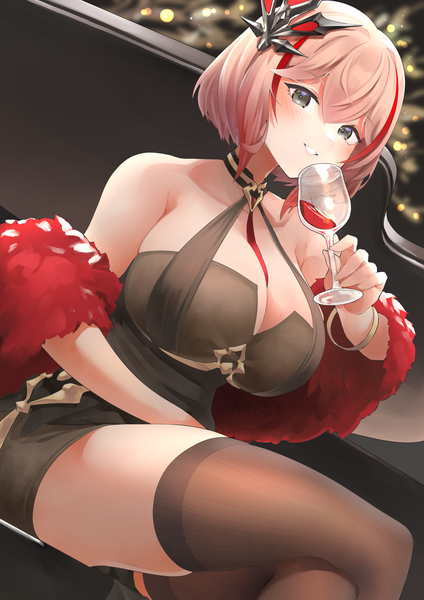 Anime picture 1447x2046 with azur lane roon (azur lane) roon (viridescent lullaby) (azur lane) take yaki single tall image fringe short hair breasts light erotic smile hair between eyes large breasts sitting pink hair cleavage multicolored hair grey eyes streaked hair grin