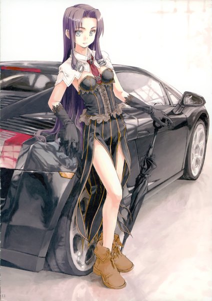 Anime picture 2494x3527 with lamborghini konoe ototsugu single long hair tall image highres blue eyes purple hair scan girl gloves elbow gloves boots ground vehicle car