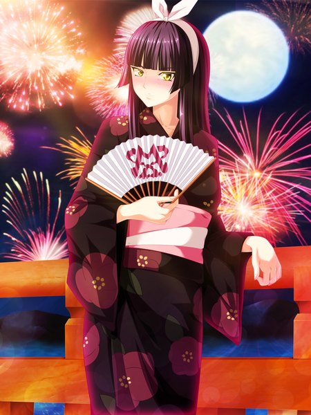 Anime picture 3600x4800 with fairy tail mikazuchi kagura salim202 single long hair tall image blush highres black hair yellow eyes absurdres traditional clothes japanese clothes night embarrassed night sky coloring mountain river fireworks