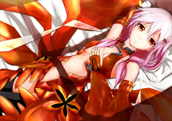Anime picture 2040x1443 with guilty crown production i.g yuzuriha inori chippucream single long hair highres red eyes pink hair lying girl navel hair ornament detached sleeves hairclip fingerless gloves bodysuit