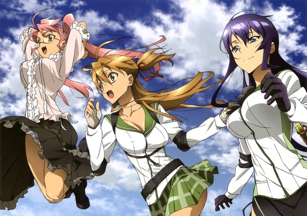 Anime picture 3034x2144 with highschool of the dead madhouse busujima saeko miyamoto rei takagi saya long hair highres open mouth blue eyes light erotic brown hair twintails multiple girls brown eyes pink hair absurdres purple hair cloud (clouds) jumping girl