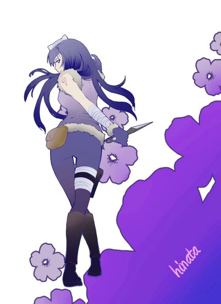 Anime picture 1027x1409 with naruto studio pierrot naruto (series) hyuuga hinata single long hair tall image blue hair looking back inscription tattoo white eyes girl gloves flower (flowers) weapon bag bandage (bandages)