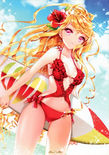 Anime picture 2144x3036 with sword girls cinia pacifica cocoon (loveririn) single long hair tall image looking at viewer highres breasts light erotic blonde hair cloud (clouds) pink eyes hair flower drill hair girl navel hair ornament flower (flowers) swimsuit