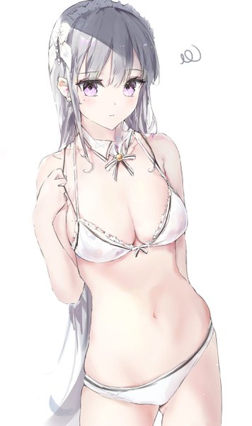 Anime picture 1457x2455 with original tr (hareru) single long hair tall image looking at viewer blush fringe breasts light erotic simple background hair between eyes large breasts standing white background purple eyes cleavage silver hair mole mole under eye