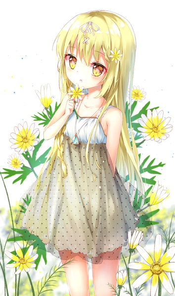 Anime picture 650x1100 with original shiraki shiori single long hair tall image looking at viewer blush fringe open mouth blonde hair hair between eyes standing white background bare shoulders holding yellow eyes payot braid (braids) hair flower :o