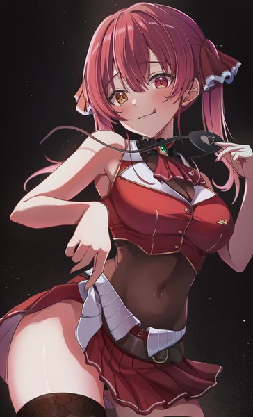 Anime picture 2480x4093 with virtual youtuber hololive houshou marine houshou marine (1st costume) chameleon (chameleon0613) single long hair tall image looking at viewer fringe highres light erotic simple background hair between eyes twintails red hair pleated skirt midriff sleeveless heterochromia