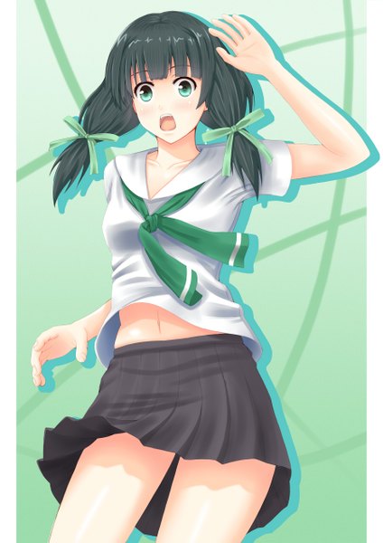 Anime picture 900x1272 with original sano souichi single long hair tall image looking at viewer black hair twintails green eyes girl skirt bow hair bow sailor suit