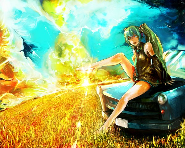 Anime picture 1181x947 with vocaloid hatsune miku long hair blue eyes sitting twintails barefoot green hair field girl skirt detached sleeves miniskirt ground vehicle car