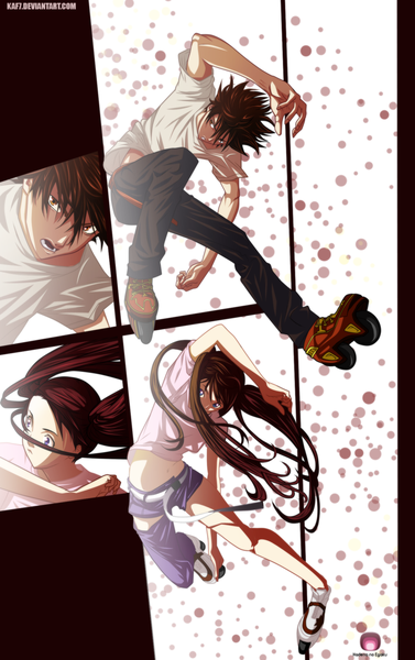 Anime picture 1257x2000 with air gear toei animation minami itsuki noyamano ringo aconst long hair tall image short hair open mouth blue eyes brown hair purple eyes twintails orange eyes coloring angry manga girl boy shorts