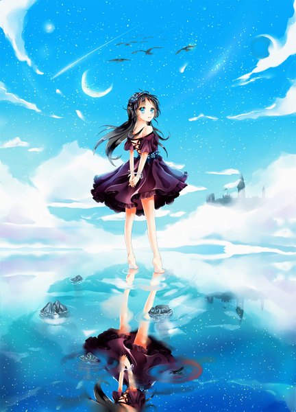 Anime-Bild 1000x1389 mit original icurunin long hair tall image blush blue eyes black hair bare shoulders sky cloud (clouds) looking back hair flower reflection hands behind back crescent girl dress hair ornament flower (flowers) animal