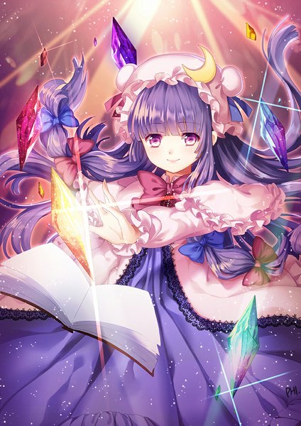 Anime picture 800x1132 with touhou patchouli knowledge philomelalilium single long hair tall image looking at viewer smile purple eyes purple hair girl dress bow hair bow frills book (books) bonnet crystal