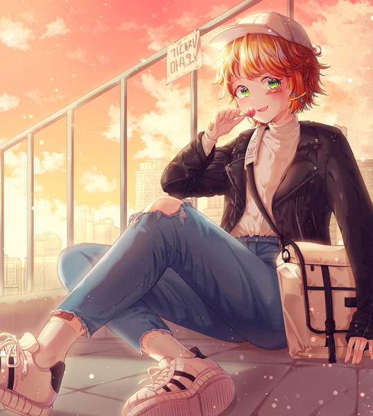 Anime picture 2800x3120 with yakusoku no neverland cloverworks emma (yakusoku no neverland) menna (0012) single tall image looking at viewer blush fringe highres short hair open mouth smile sitting holding green eyes sky cloud (clouds) full body bent knee (knees)