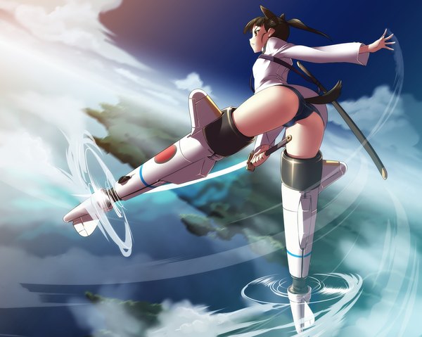 Anime picture 1024x819 with strike witches sakamoto mio nekomamire single long hair light erotic black hair animal ears looking away full body ass ponytail tail animal tail profile flying mecha musume girl weapon sword