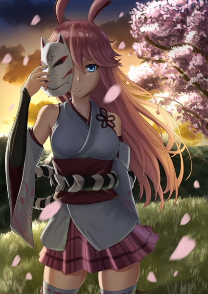 Anime picture 2150x3036 with honkai impact 3rd benghuai xueyuan honkai (series) yae sakura kayama kouji single long hair tall image looking at viewer fringe highres blue eyes hair between eyes standing bare shoulders holding animal ears pink hair sky cloud (clouds)