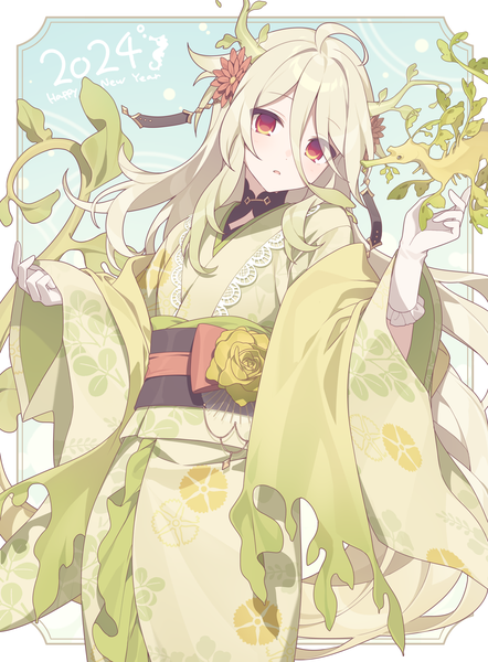 Anime picture 1560x2120 with original hijiri (resetter) single long hair tall image looking at viewer fringe blonde hair hair between eyes red eyes ahoge traditional clothes head tilt japanese clothes horn (horns) text border english new year outside border