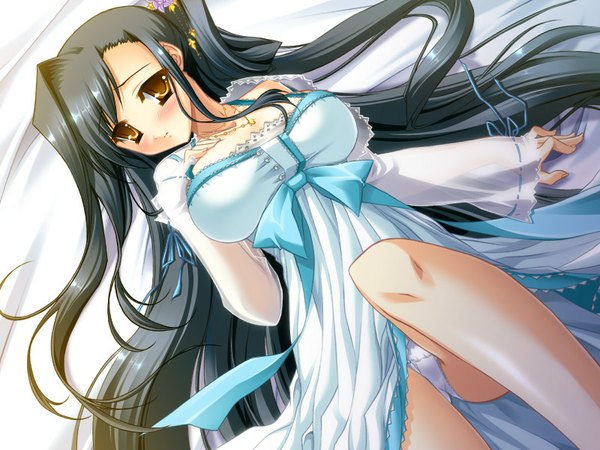 Anime picture 800x600 with koihime musou doga kobo kanu katagiri hinata single long hair looking at viewer blush breasts light erotic black hair large breasts yellow eyes game cg lying from above hand on chest girl dress hair ornament
