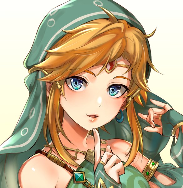 Anime picture 873x896 with the legend of zelda the legend of zelda: breath of the wild nintendo link pukara single tall image looking at viewer fringe short hair open mouth blue eyes simple background blonde hair bare shoulders payot face otoko no ko boy bridal gauntlets