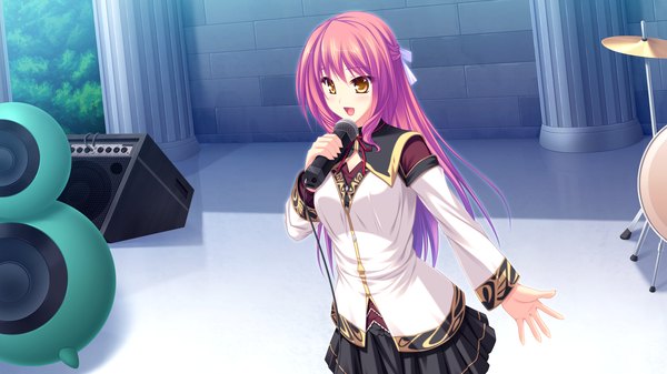 Anime picture 1920x1080 with ryuuyoku no melodia leki vestoria floria tenmaso long hair highres wide image yellow eyes pink hair game cg girl uniform school uniform microphone