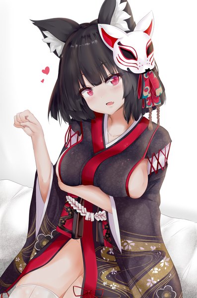 Anime picture 2650x4000 with azur lane yamashiro (azur lane) ru zhai single tall image looking at viewer blush fringe highres short hair breasts open mouth light erotic black hair simple background red eyes large breasts sitting animal ears blunt bangs