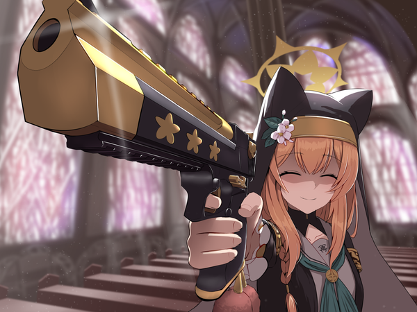 Anime picture 1280x960 with blue archive mari (blue archive) silver bullet (ecc12 8) single long hair fringe smile holding upper body eyes closed blurry orange hair sparkle outstretched arm parody girl weapon gun halo pistol