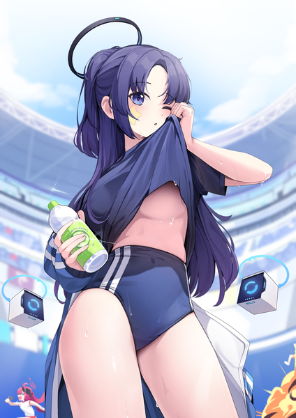 Anime-Bild 1240x1754 mit blue archive yuuka (blue archive) yuuka (gym uniform) (blue archive) junko (blue archive) ddangbi long hair tall image looking at viewer light erotic standing purple eyes multiple girls purple hair outdoors red hair one eye closed from below sweat official alternate costume solo focus