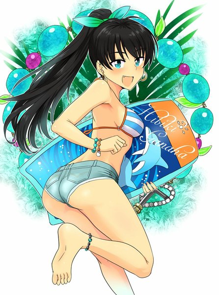 Anime picture 858x1154 with idolmaster ganaha hibiki tsurui single long hair tall image looking at viewer blush breasts open mouth blue eyes light erotic black hair simple background smile white background bare shoulders holding ass ponytail