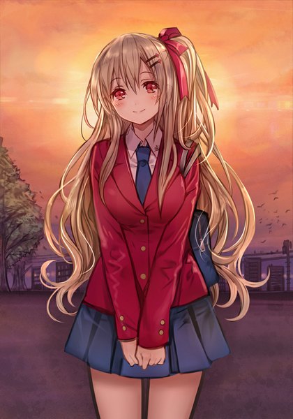 Anime picture 777x1110 with original madogawa single long hair tall image looking at viewer blonde hair smile red eyes sky pleated skirt sunlight one side up evening sunset red sky girl skirt uniform hair ornament