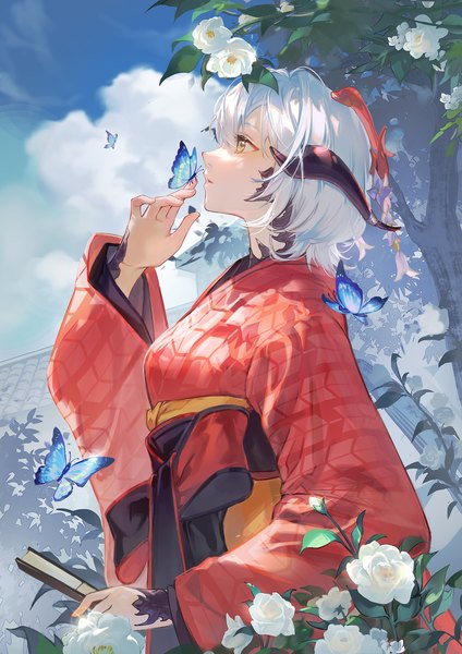 Anime picture 2480x3508 with final fantasy final fantasy xiv square enix au ra softkittywarmkitty single tall image fringe highres short hair hair between eyes yellow eyes looking away sky silver hair cloud (clouds) upper body outdoors traditional clothes japanese clothes