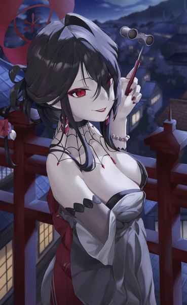 Anime picture 2516x4096 with blue archive kokuriko (blue archive) renge (730) single long hair tall image highres breasts light erotic black hair red eyes large breasts cleavage nail polish from above night lipstick red lipstick red nail polish girl