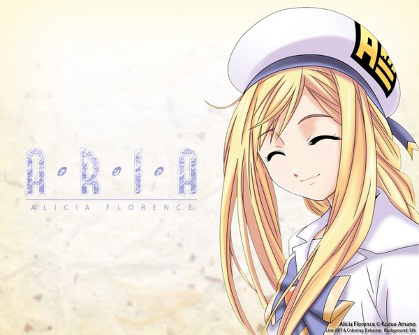 Anime picture 1280x1024 with aria alicia florence single long hair blonde hair smile upper body eyes closed wallpaper copyright name character names ^ ^ girl beret