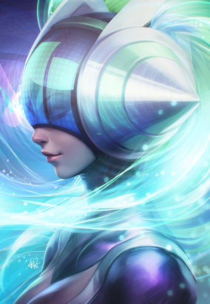 Anime picture 831x1200 with league of legends sona buvelle artgerm (stanley lau) single long hair tall image breasts large breasts signed eyes closed profile green hair wind lips realistic lens flare portrait shiny transparent girl