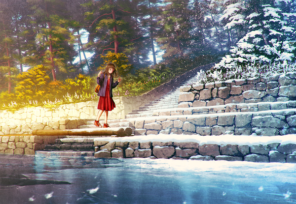 Anime picture 1100x761 with original mocha (cotton) single long hair fringe brown hair full body outdoors black eyes sunlight open jacket looking down snowing winter snow walking summer nature girl dress