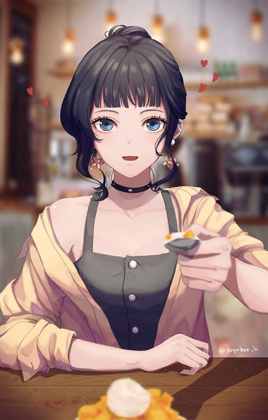 Anime-Bild 1000x1564 mit original soyubee single tall image looking at viewer blush fringe open mouth blue eyes black hair sitting bare shoulders holding signed payot upper body indoors blunt bangs long sleeves blurry