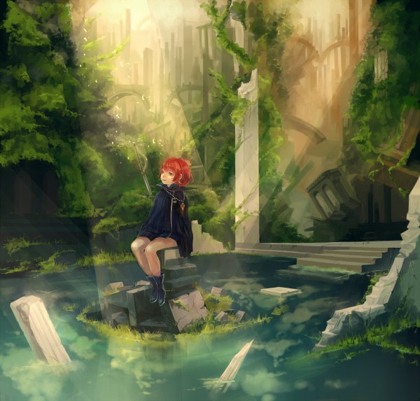 Anime picture 1200x1146 with original yuu (higashi no penguin) single short hair smile red eyes sitting red hair sunlight reflection ruins girl plant (plants) sword water boots cape
