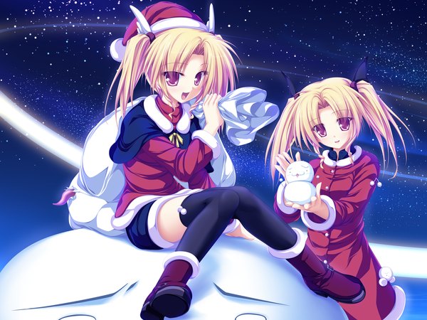 Anime picture 1920x1440 with magus tale whirlpool (studio) nina geminis rena geminis tenmaso looking at viewer blush highres short hair open mouth blonde hair red eyes sitting twintails multiple girls game cg bent knee (knees) night night sky short twintails