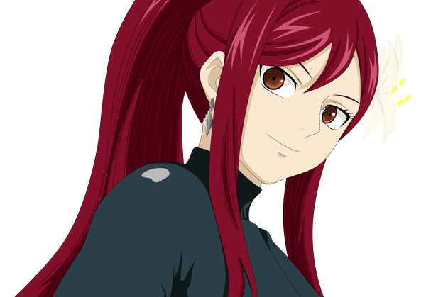 Anime picture 2835x1984 with fairy tail erza scarlet panzoom single long hair highres smile brown eyes ponytail red hair hair flower coloring portrait transparent background girl hair ornament earrings