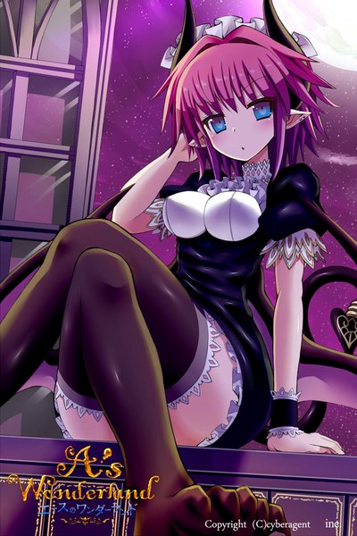 Anime picture 1333x2000 with original givuchoko single tall image looking at viewer blush short hair blue eyes sitting sky purple hair tail horn (horns) pointy ears night no shoes crossed legs piercing demon girl demon tail