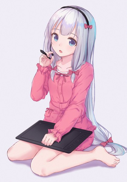 Anime picture 895x1280 with eromanga sensei a-1 pictures izumi sagiri itachi kanade single long hair tall image looking at viewer fringe open mouth blue eyes simple background sitting holding silver hair full body bent knee (knees) barefoot grey background bare legs