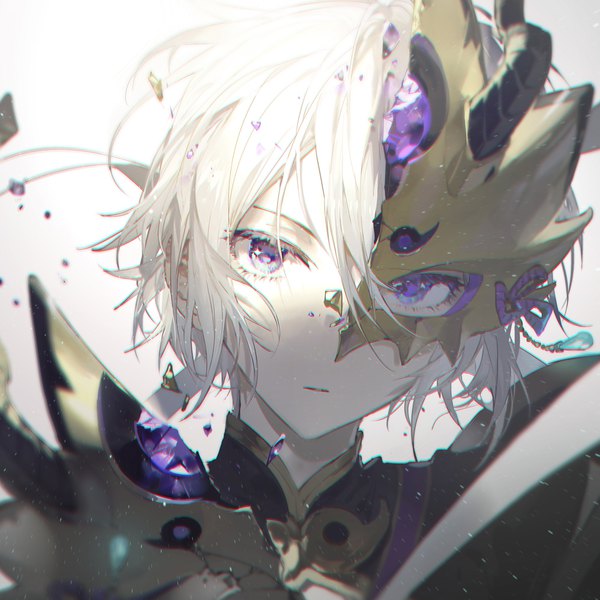 Anime picture 1000x1000 with fate (series) fate/grand order prince of lan ling (fate) gao changgong (fate) rella single looking at viewer fringe short hair simple background hair between eyes purple eyes white hair horn (horns) gradient background portrait pale skin broken boy jewelry
