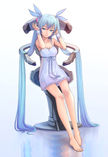 Anime picture 966x1403 with vocaloid hatsune miku jun (goodgun7) single tall image looking at viewer fringe breasts simple background white background sitting twintails very long hair barefoot aqua eyes aqua hair bare legs alternate costume reflection girl